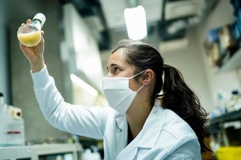 Una investigadora examina una muestra en un laboratorio de Gante, Bélgica. (Kenzo TRIBOUILLARD/AFP)