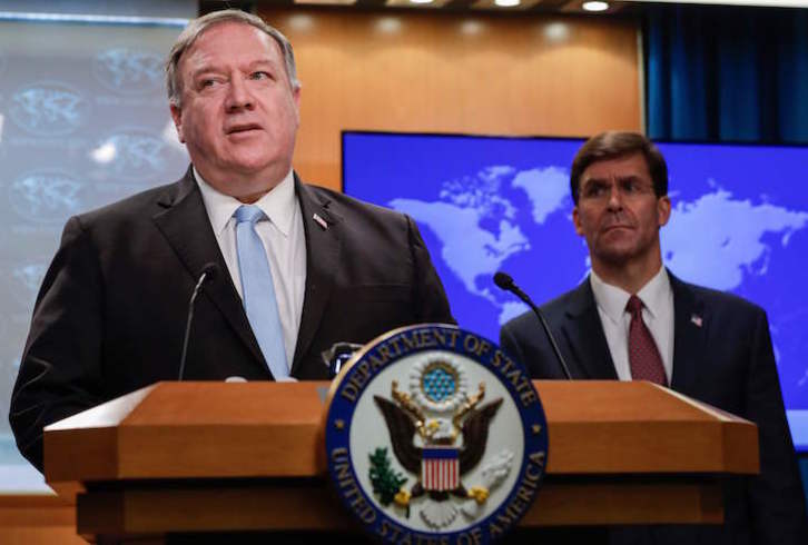 El secretario de Estado de EEUU, Mike Pompeo, explica las medidas contra el TPI. (Yuri GRIPES/AFP)