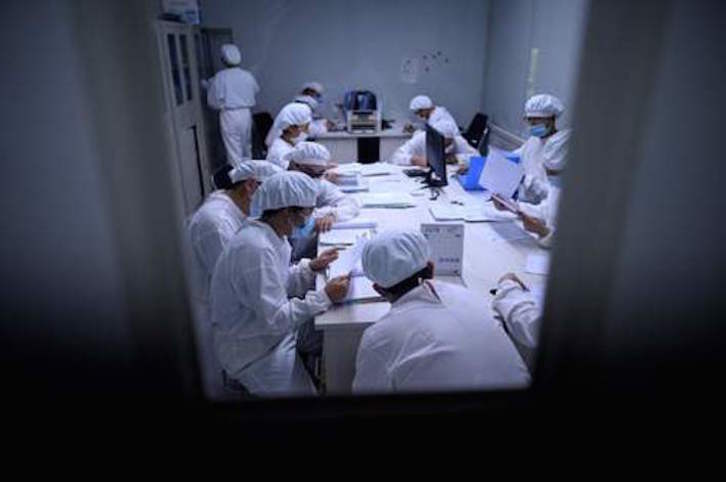 Investigadores en los laboratorios de la compañía china Yisegn Biopharma, una de las que desarrolla una vacuna contra el covid-19. (Noel CELIS/AFP)