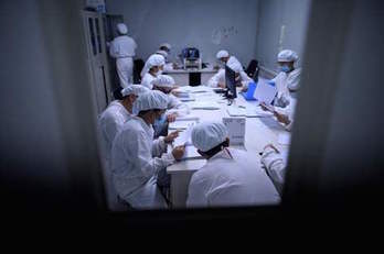 Investigadores en los laboratorios de la compañía china Yisegn Biopharma, una de las que desarrolla una vacuna contra el covid-19. (Noel CELIS/AFP)