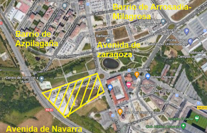 En la imagen aparece marcada la zona en la que se implantará una macro superficie comercial, en lugar de las viviendas planteadas por EH Bildu. (NAIZ)