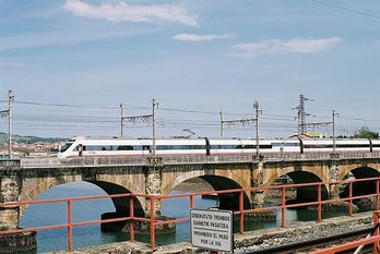 Un tren cruza el puente sobre el Bidasoa. (ferropedia.es)