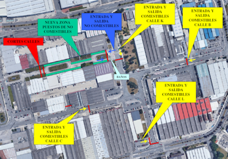 Croquis con la nueva ubicación de los puestos del mercadillo de Landaben con sus zonas de acceso. (AYUNTAMIENTO DE IRUÑEA)