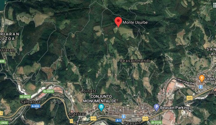 El suceso ha tenido lugar en el monte Usurbe, en Beasain. (GOOGLE MAPS)