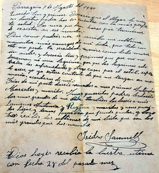 Imagen de la carta de Isidre Saumell, finalmente en manos de sus familiares.