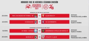 Emparejamientos y horarios para las eliminatorias de ascenso a Segunda División.