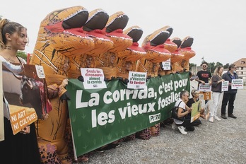 Los participantes disfrazados posan con una pancarta en la que se lee «La corrida es para los viejos fósiles». (Guillaume FAUVEAU/MEDIABASK)