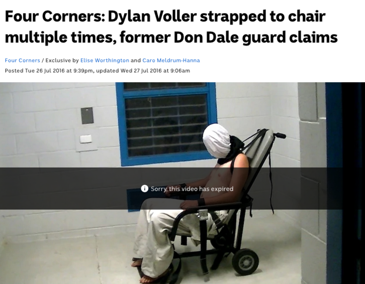 La cadena ABC publicó un reportaje en el que Dylan Voller aparece atado y encapuchado. (www.abc.net.au)