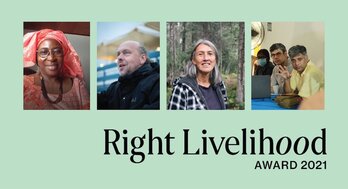 Marthe Wandou, Vladimir Slivyak, Freda Huson y representantes de LIFE, ganadores del Nobel Alternativo. (@rightlivelihood)