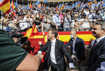  El presidente del PP, Pablo Casado, en el acto de clausura de la Convención Nacional del PP, en la Plaza de Toros de Valencia. (Rober SOLSONA/EUROPA PRESS)