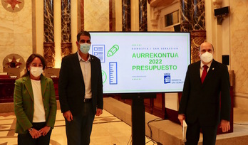 Marisol Garmendia, Eneko Goia y Jaime Domínguez-Macaya han presentado el proyecto de cuentas. (DONOSTIA.EUS)