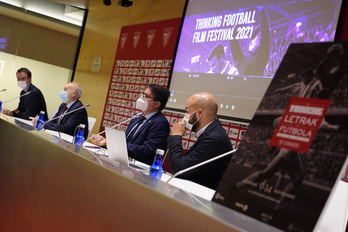 Presentación en San Mamés del festival de cine y literatura organizado por la Fundación del Athletic. (Aritz LOIOLA / FOKU)