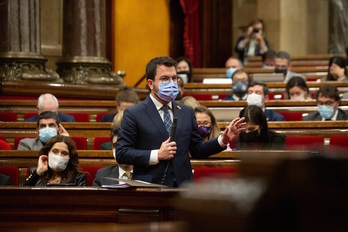 El president de la Generalitat de Catalunya, Pere Aragonès, en una sesión del Parlament. (David ZORRAKINO/EUROPA PRESS)