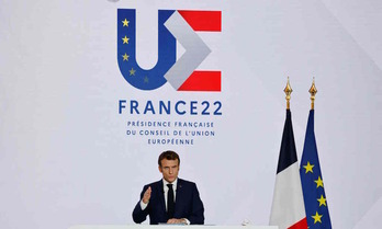 Emmanuel Macron, durante su comparacencia en París para presentar las prioridades de la presidencia francesa del Consejo de la Unión Europea. (LUDOVIC Marin/AFP)