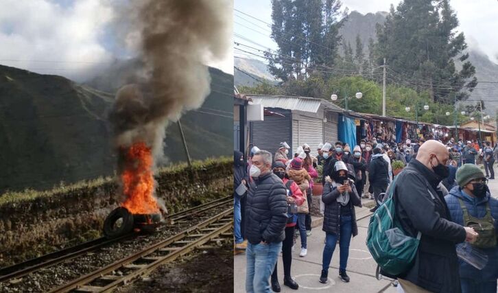 El tendido ferroviario ha quedado cortado por piedras y neumáticos incendiados, dejando a muchos turistas varados en la estación inicial. (Municipio de Ollantaytambo)