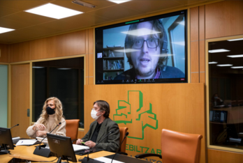 Emilio Santiago Muiño ha intervenido por videoconferencia en la ponencia parlamentaria. (PARLAMENTO VASCO)
