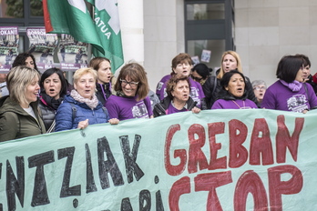 Langileak Donostiako Txara zahar etxearen aurrean protestan, Gipuzkoako erresidentzietako greba egunean, 2019an. 