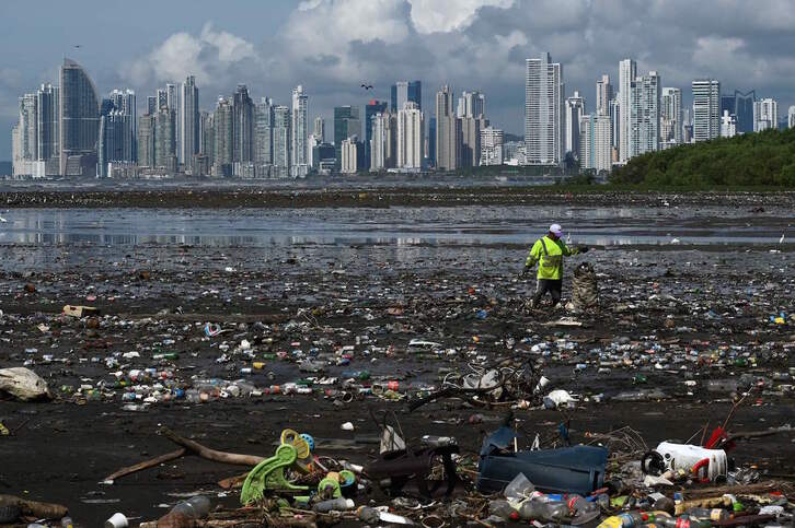 Gizon bat zaborra biltzen Costa del Este hondartzan, Panama Hirian.