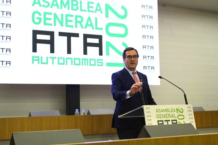 Antonio Garamendi, presidente de la CEOE, en la clausura de la asamblea de 2021 de la Federación de Asociaciones de Trabajadores Autónomos (ATA).