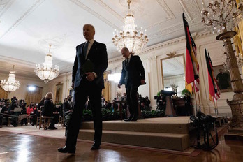 El presidente de EEUU, Joe Biden, y el canciller alemán, Olaf Scholz, tras la rueda de prensa posterior a su reunión.