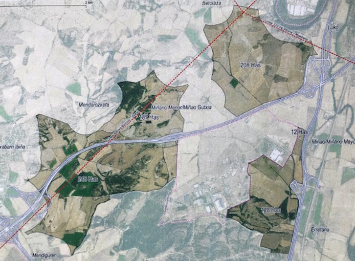Plano de los terrenos para el parque fotovoltaico entre Miñao y Legutio recogidos en los planes de Lakua.