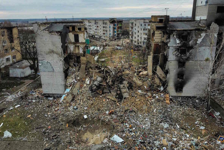 Vista aérea de un edificio destruido en Borodianka.