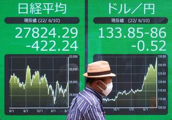 Pantalla en las calles de Tokio con la cotización de la Bolsa y del mercado de divisas
