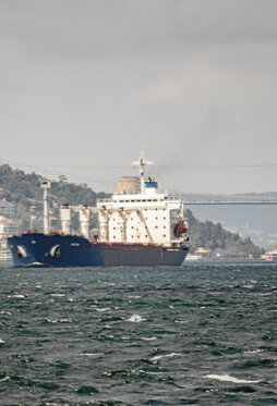 El carguero Razoni, a la entrada del estrecho del Bósforo, en Estambul, con el puente Yavuz Sultan Selim al fondo.