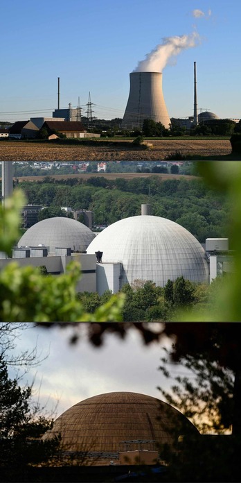 Las tres plantas nucleares que todavía funcionan en Alemania (de arriba a abajo): la de Isar, en Essenbach, la de Neckarwestheim y la de Emsland.