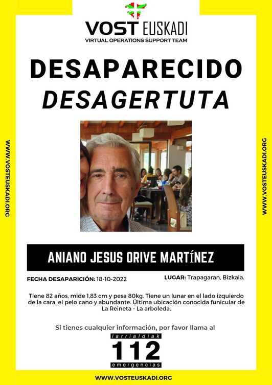 Aniano Jesús Orive Martínez, de 82 años, ha desaparecido en Trapagaran.