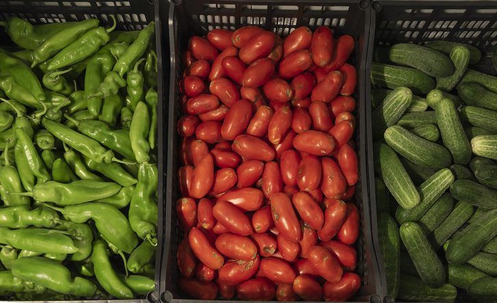 Pimientos, tomates y pepino ecológicos, parte de la dieta introducida en los hospitales navarros el pasado verano.