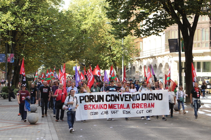 Manifestación celebrada este miércoles en Bilbo por los sindicatos del Metal.