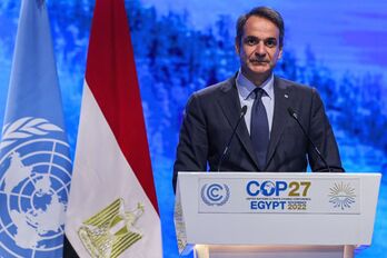 El primer ministro griego, Kyriakos Mitsotakis, durante su intervención en la COP27, en Egipto.