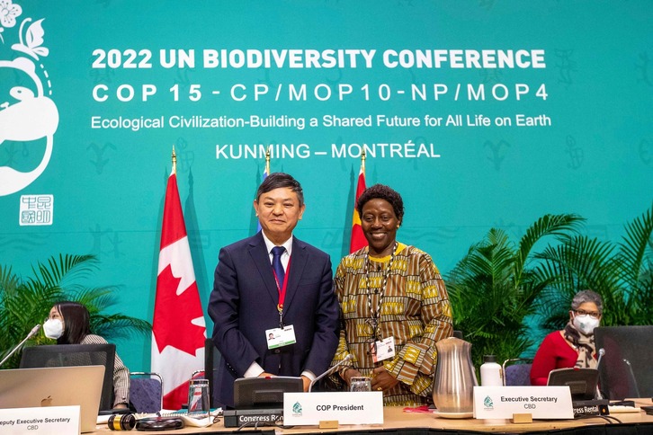 Huang Runqiu, ministro de Medio Ambiente chino y presidente de la cumbre, posa junto a Elizabeth Maruma Mremao, secretaria de Biodiversidad de la ONU.