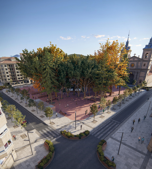 Recreación de la intervención urbanística en la plaza de la Cruz de Iruñea.