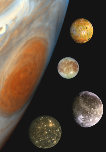 Recreación de Jupiter y sus principales lunas, objetivo de la misión JUICE de la Agencia Espacial Europea (ESA).