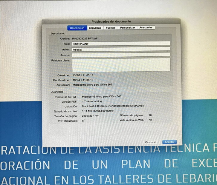 Imagen de los metadatos del Pliego de Prescripciones Técnicas con el título de la firma ganadora.