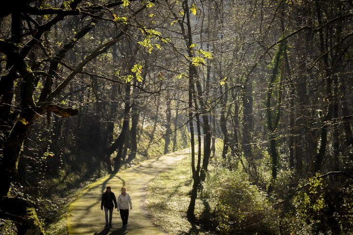 Dos personas pasean por un bosque en Lasarte-Oria.