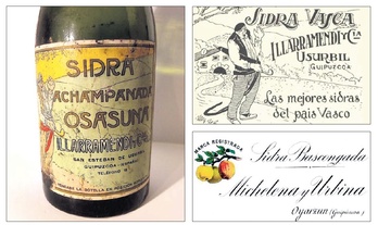 Botella de sidra achampanada “Osasuna” elaborada en Usurbil por Illarramendi y Cía, anuncio de esta empresa en la prensa de la época y etiqueta de la sidra Michelena y Urbina de Oiartzun.