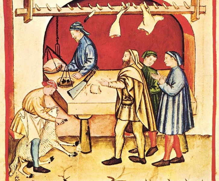 Imagen de época de una carniceria medieval.