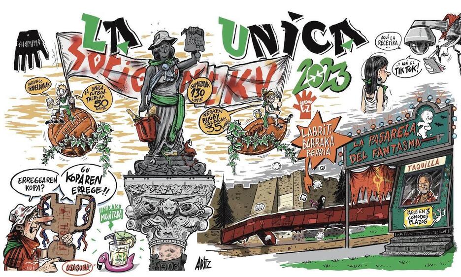 La pasarela del ‘fantasma’ Enrique Maya y la Estatua de los Fueros recordando los 130 años de la Gamazada, en la pancarta de La Única.