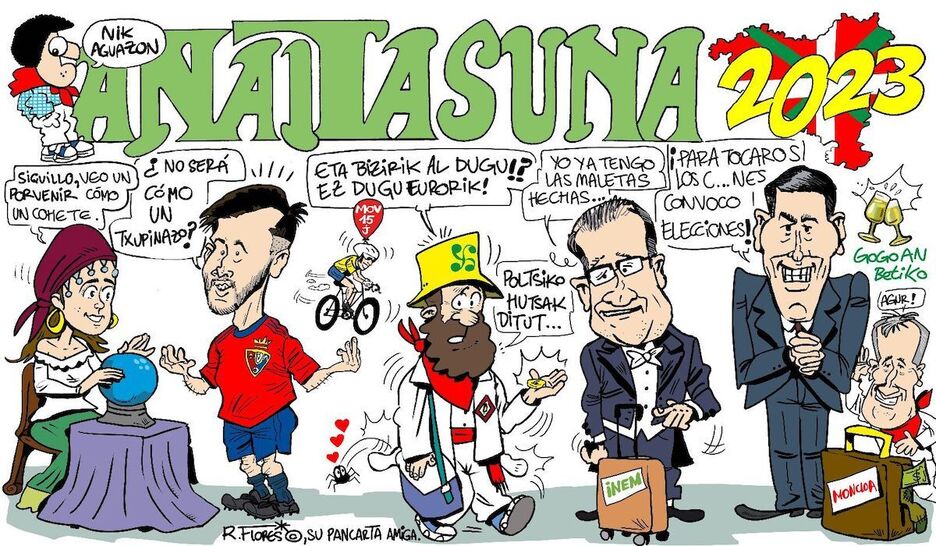 Políticos haciendo las maletas y David García con la gitana, en la pancarta de Anaitasuna.