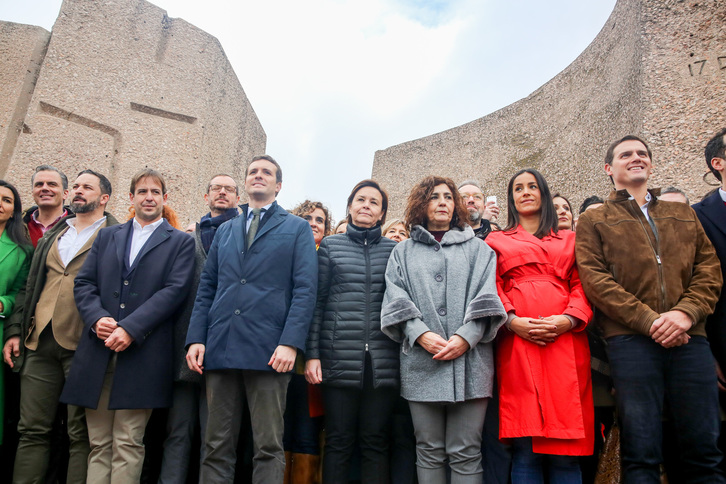 Líderes del PP, Ciudadanos y Vox en la plaza de Colón, en Madrid.