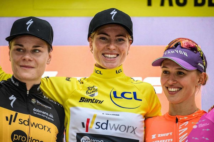 Podio final del Tour de Femmes 2023, con Vollering (centro), Kopecky (izquierda de la imagen) y Niewiadoma (derecha).