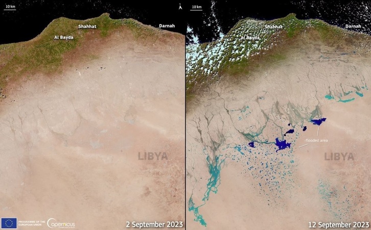 Comparativa entre las dos imágenes, del 2 y 12 de septiembre, que muestran el antes y el después del paso de la tormenta Daniel.