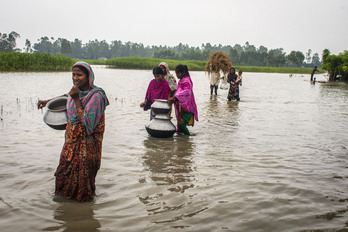 Uholdeek kaltetutako emakume batzuk, edateko ur bila Shakhahati herrixkan, Bangladeshen.