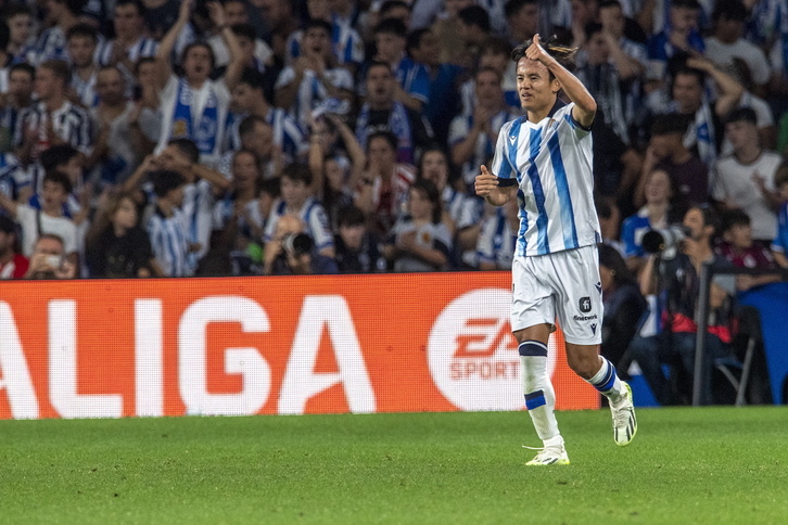 Take Kubo, durante el derbi vasco contra el Athletic. 