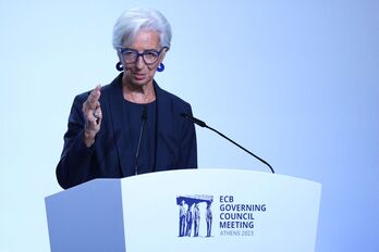 La presidenta del BCE, Christine Lagarde, en el acto celebrado en el Banco de Grecia.