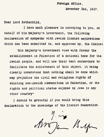Balfour deklarazioa, 1917ko azaroaren 2an sinatuta.