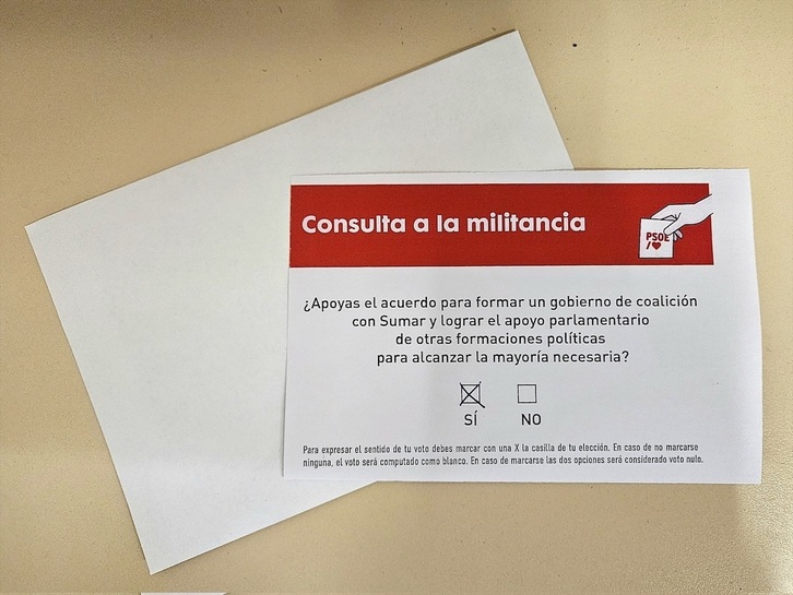 Papeleta empleada en la consulta a la militancia del PSOE sobre los acuerdos de investidura.